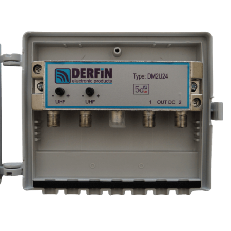 Ενισχυτής θωρακισμένος 24db δύο εισόδων UHF, με ενσωματωμένο splitter Derfin